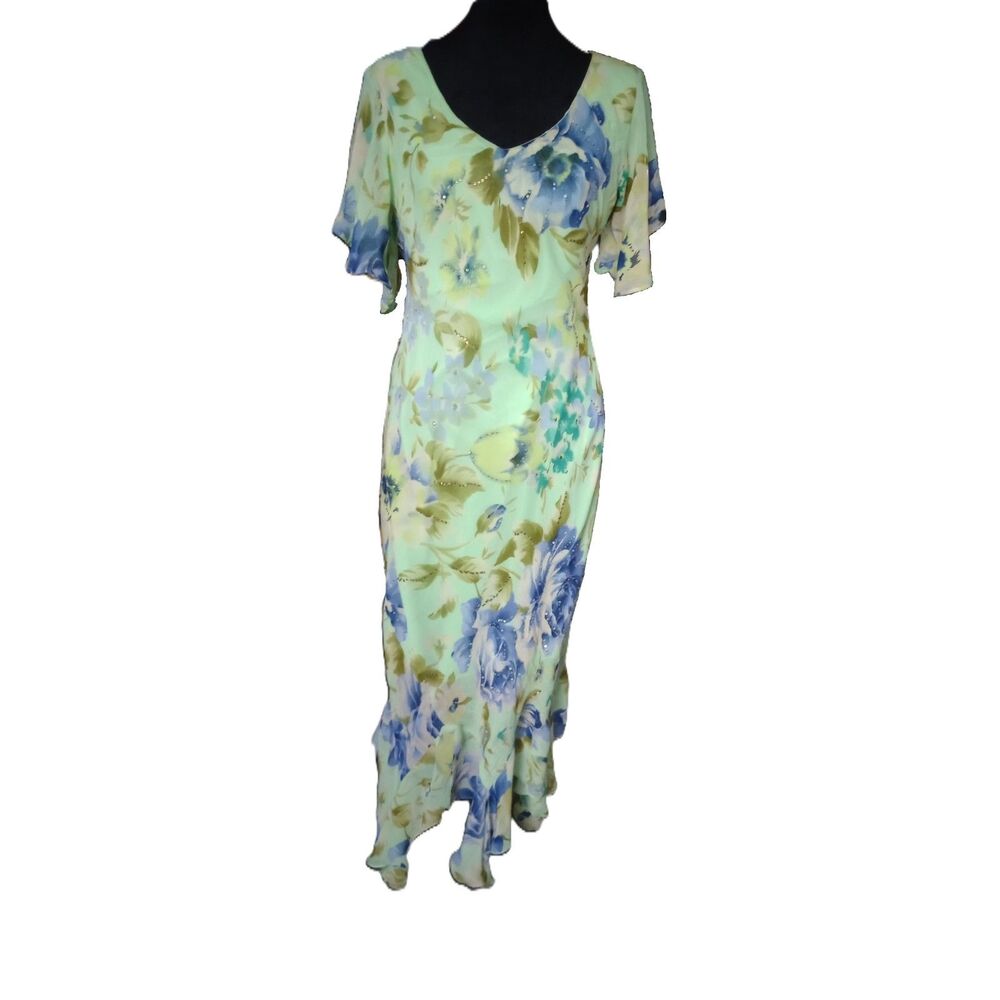 Morningside Women's M Line Green Floral Asymmetrical Cottagecore Maxi Dress, Vtg
